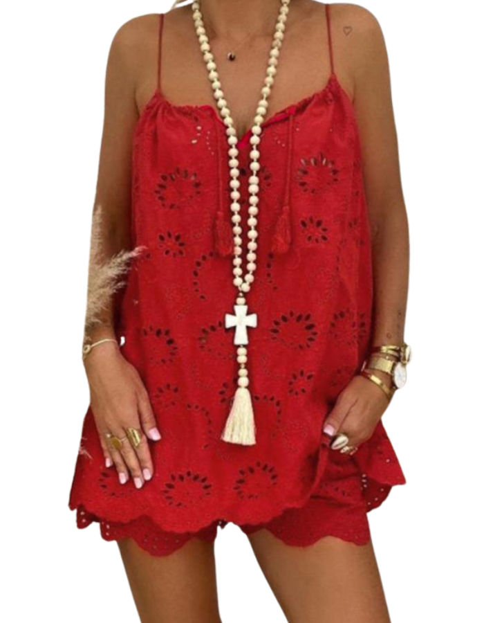 SHOPIQAT New Women's Sleeveless Drawstring Ruffled Hollow Camisole Embroidered Shorts Suit - Premium from shopiqat - Just $9.700! Shop now at shopiqat